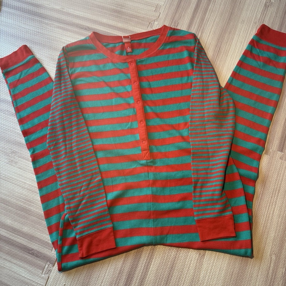 Target red green stripes full body suit waffle pajama Christmas Holiday size M